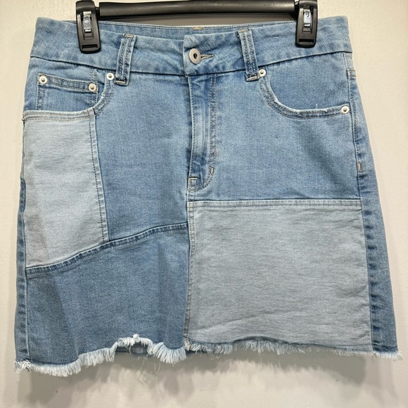 No Boundaries Dresses & Skirts - Patchwork Denim Y2K Frayed Fringe Raw Hem Mini Skirt No Boundaries NOBO Jeans